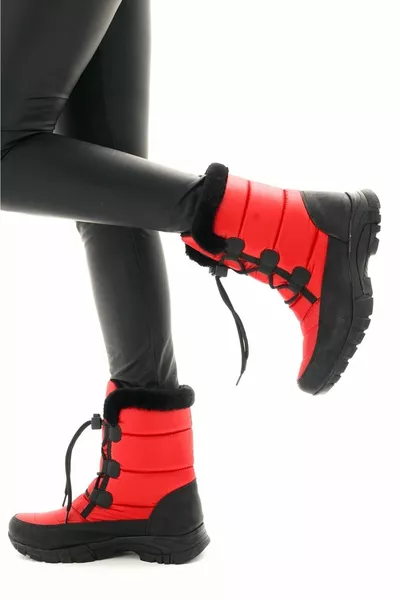 Women's Red Waterproof Fur Snow Boots