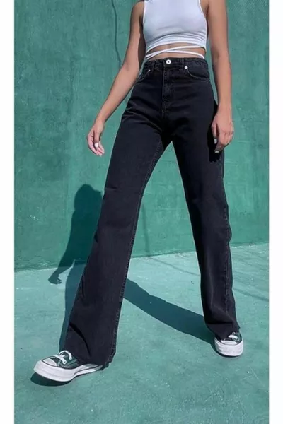 Pantaloni a palazzo shabby jeans a vita alta con lycra nera impassibile. (SUPER ALTO.) Gamba larga.