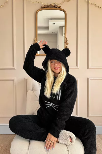 Black Meow Patterned Full Plush Pajama Set