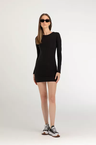 Soft Touch Mini Jurk Met Lange Mouwen Zwart