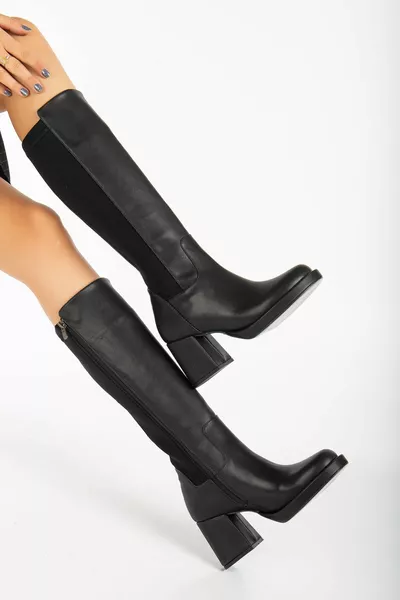 Rena Еластични кожени ботуши на ток Черни