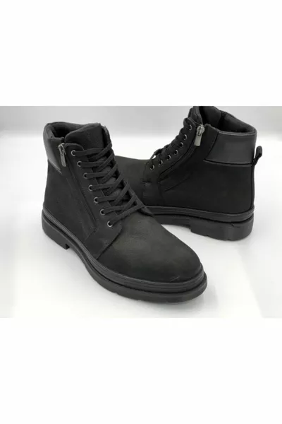 Men's Black Genuine Leather Postal Boots With Zipper