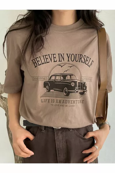 Women's Light Brown Belıeve Printed Crew Neck Tshirt