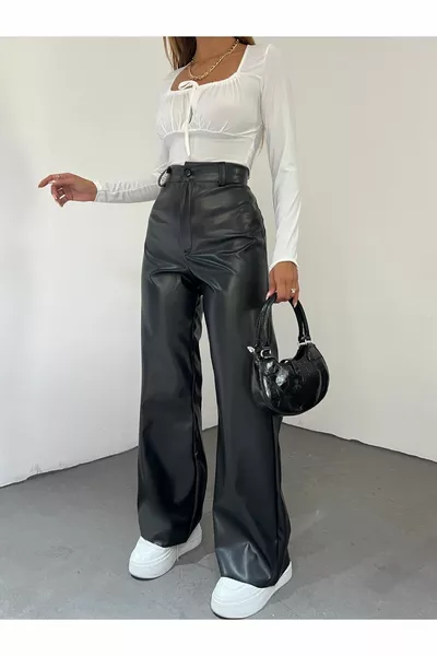 Dames High Waist Leren Palazzo Broek Zwart