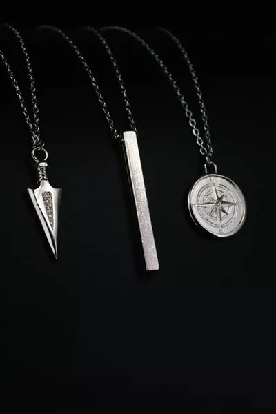 3-Piece Triagle Arrowhead, Compass and Stick Bar Pendant Set