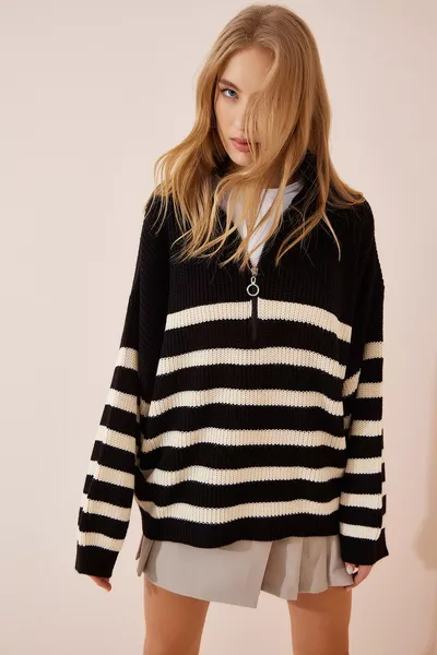 المرأة السوداء سستة الوقوف الياقة مخطط سترة كبيرة الحجم 