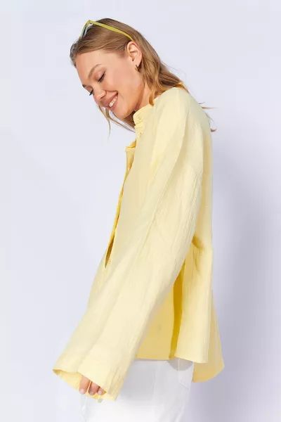 ليمون أصفر الأكمام رث غسل الشاش فضفاضة عارضة تناسب قميص نسائي أساسي | 