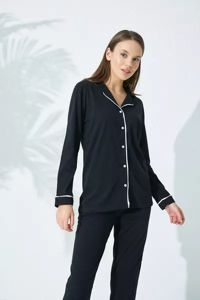 Ensemble pyjama boutonné en coton noir et blanc
