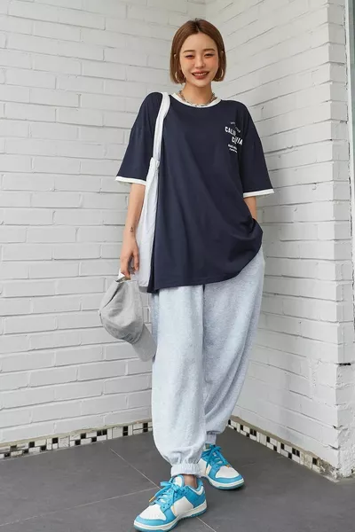 Unisex Navy Blue Collar Sleeve Detailed California Club Printed Oversize T-shirt