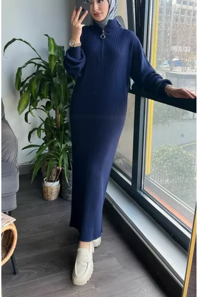 Oversize Loose Fit Zipper Collar Ribbed Knit Hijab Dress Between Size 
