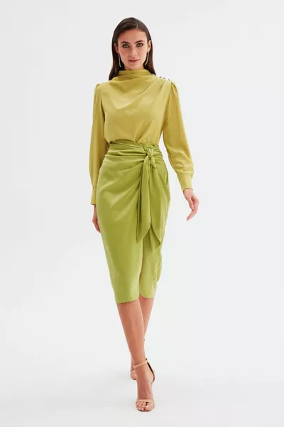 Tie-Up Satin Skirt - Oil Green