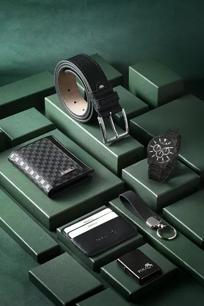 مجموعة الرجال الجمع بين ساعة اليد والمحفظة حزام حامل بطاقة أخف سلسلة المفاتيح الأسود 