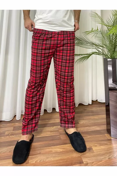 Men's Cotton Pocketless Plaid Patterned Pajama Bottoms Tracksuit Red Black Checkered