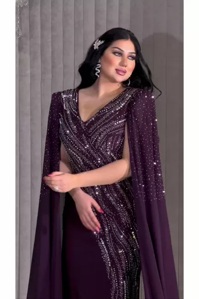 Zena Fashion Robe de soirée à manches cape perlées à imprimé pierre