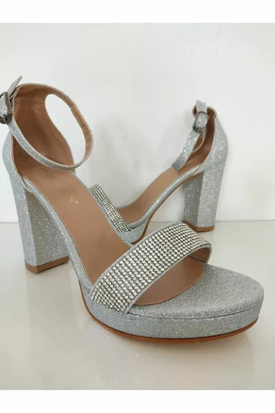 Plarform وحيد عالية الكعب السميك فضة الحجر مساء الأحذية