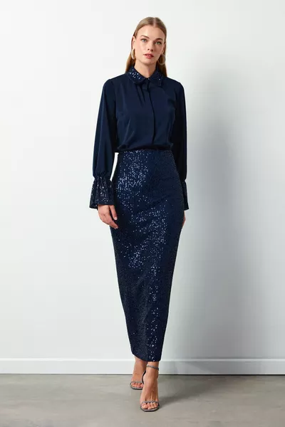 تنورة طويلة مطرزة بالترتر - أزرق كحلي