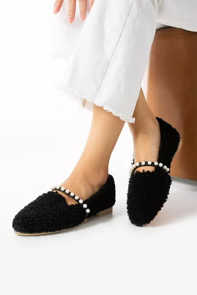 Dames Zwarte Wol Parel Winter Ballerina's Huis- en Buitenschoenen