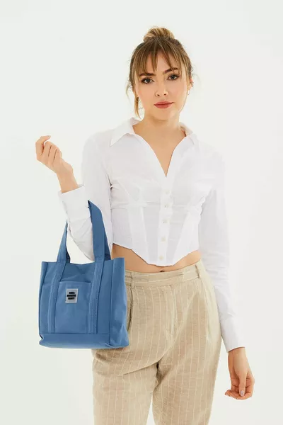 نيلي  المفاجئة إغلاق 2 مقصورة الجيب الأمامي مفصلة قماش النسيج عارضة المرأة الأكمام وحقيبة الكتف