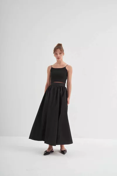 Shirred Premium Taffeta Skirt Black