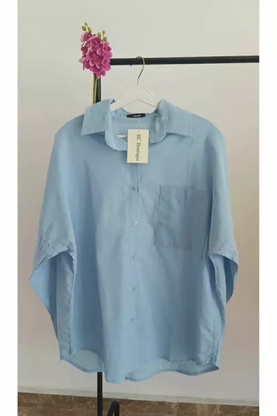 Büyük Tek Cepli Oversize Keten Gömlek-yeni