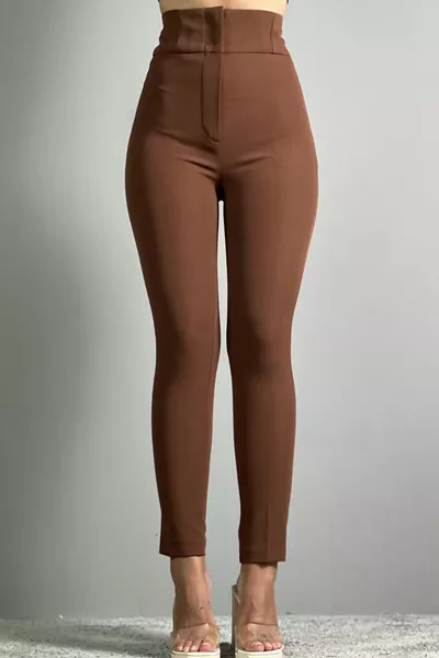 Brown Extra High Waist Narrow Leg Gathering Fabric Pants