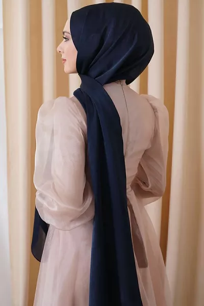 Abito da sera Janjan Shiny Satin Textured Hijab Abito da sera Chiffon Scialle blu navy