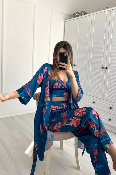  نسائي منقوش 3 قطع طقم بيجاما ساتان فيروزي