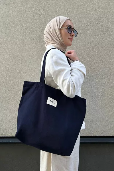 Borsa tote in gabardine - Blu navy (RECINZIONE MAGNETICA - GABARDINA % COTONE)