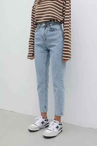 آيس سنو بلو حمض غسل عالية الخصر أمي جينز (1 حجم كبير الجبهة)