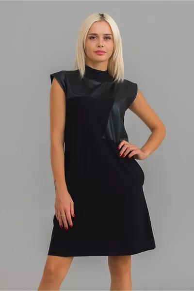 المرأة السوداء اللون فو الجلود مجتمعة القطن ليكرا بلا أكمام الوقوف طوق جيب اللباس