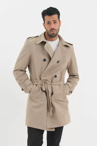 Men's Cream Belt Detailed Trench Coat
