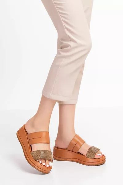 ديفا تان جلد طبيعي المرأة الصنادل الحجرية الفاخرة