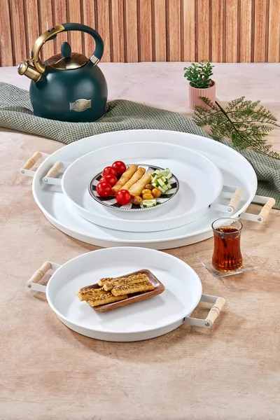 Набор из 3 металлических подносов с деревянными ручками (, ,  см) для чая и кофе