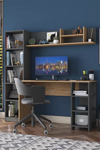 Работна офис маса за компютър Rani  с рафтове и колекция книги, антрацит - кошница орех