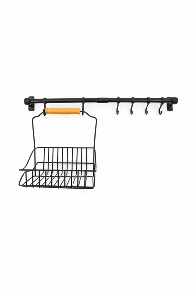 Cestino in ferro battuto  + Barra a muro con 6 ganci Appendiabiti Nero cm