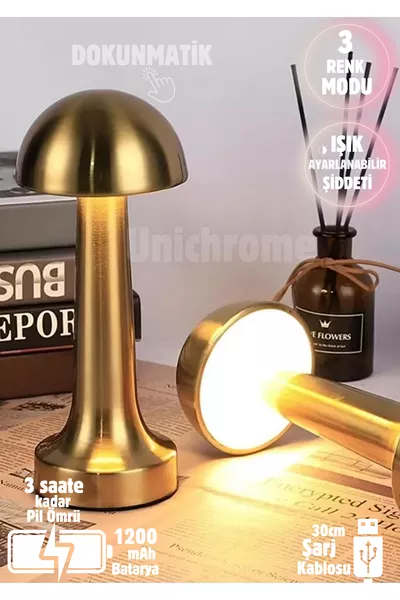 Металлическая сенсорная настольная лампа с грибовидным абажуром, 3 цветных света, перезаряжаемая настольная лампа, золотая