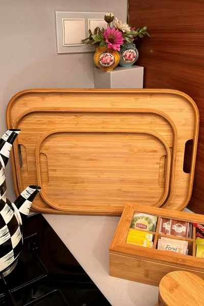 مجموعة صواني مستطيلة من الخيزران من 3 قطع، صينية صغيرة:  سم، صينية متوسطة:  سم، صينية كبيرة:  سم