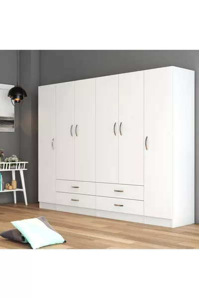 6-Door, Four-Drawer Wide Wardrobe White - 
