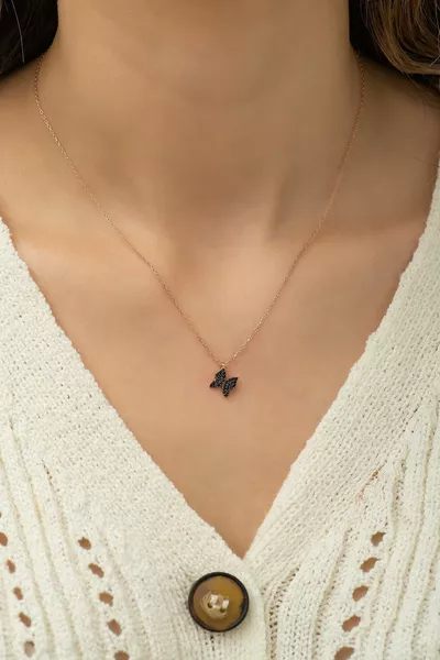  Sterling Silver Black Tiny Butterfly Necklace Women's Silver Necklace