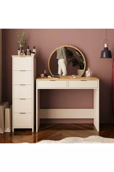 طقم طاولة مكياج فلورا مع 2+5 أدراج ومنظم مجوهرات مع مرآة كومود حجر رملي وسلة