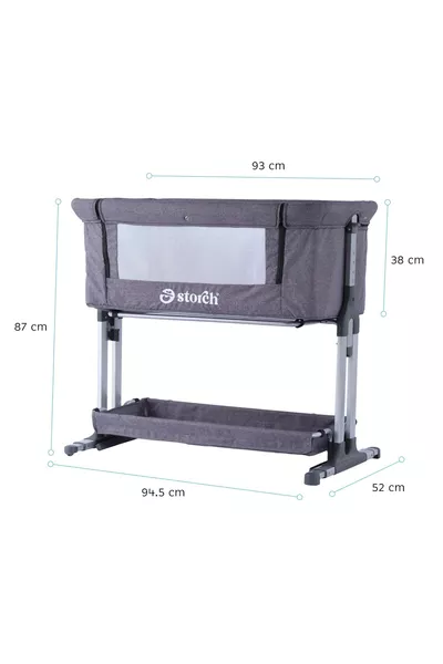 بيبي ستورش - سرير محمول قابل للتأرجح بجانب الأم - ارتفاع قابل للتعديل، مزود بشبكة وستائر وعجلات