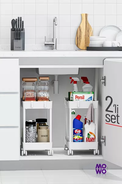 Organizzatore Bianco a 2 Piani con Ruote, Set di 2 Pezzi, mensola da cucina e bagno, per sotto il lavello, porta detersivi