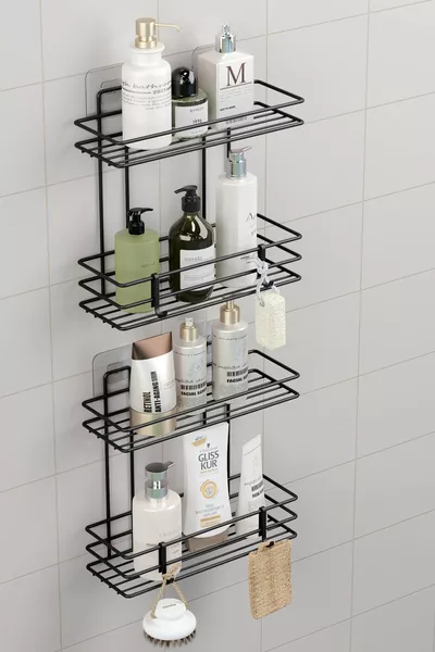 Многостепенна самозалепваща се баня рафт с 4 слоя, за душ шампоан, стенен организатор, черен