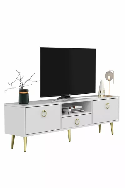وحدة تلفاز دروب بيضاء-ذهبية ببابين ورفوف وأدراج