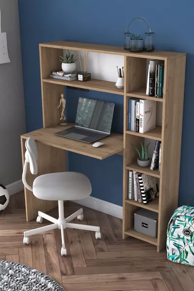 Rani  Computertisch mit Regal, Aufbewahrungskorb, Walnuss