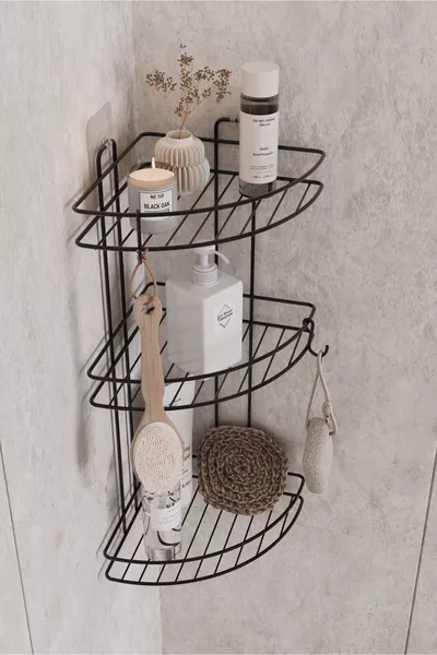 منظم زاوية الحمام اللاصق المقاوم للصدأ مدى الحياة، رف شامبو ودش باللون الأسود، قطعتان مع خطافات للليفة