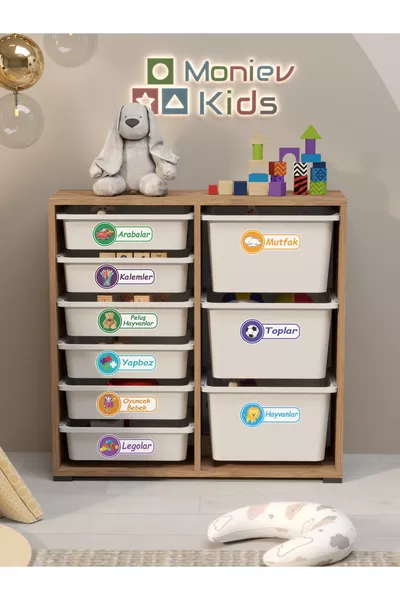 Armoire polyvalente Beyza avec 9 paniers et autocollants pour jouets