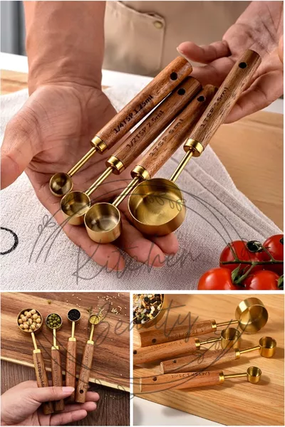 Set van 4 gouden roestvrijstalen maatlepels met houten handvat, maatbekers 1, ml 2,5 ml 5 ml  ml
