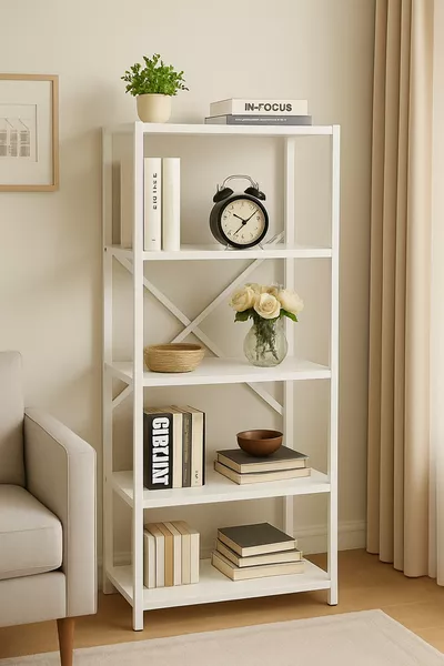 Metal Gövdeli 5 Raflı Ahşap Kitaplık Ofis Ev Raf Sistemi Dekoratif Dosya Rafı