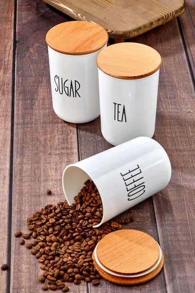 3'lü Ahşap Vakum Kapaklı Transfer Etiketli Akrilik (PLASTİK) Tea/sugar/coffe Kavanoz ml